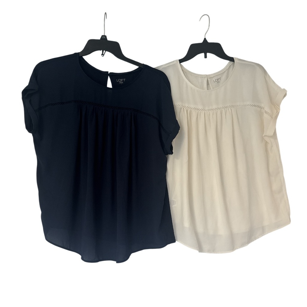 LOFT Set of 2 Navy White Short-Sleeve Yoke Eyelet Detail Blouse - Size L